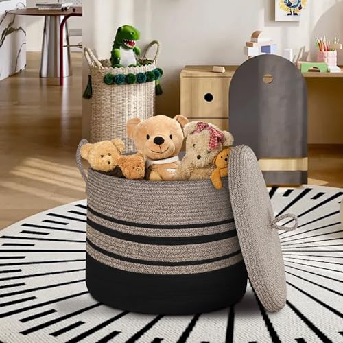 Extra Large Woven Basket with Lid, 18" X 14" Wicker Blanket Storage Basket Living Room, Tall Rope Storage Baskets for Toys, Decorative Kids Toy Bin Box with Cover, Baby Laundry Basket Hamper - color: Jute/Black
