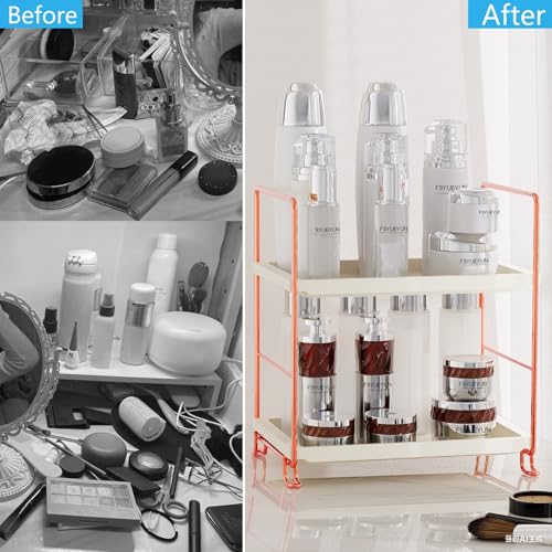 FSyueyun 2-Tier Bathroom Countertop Organizer, Tool-Less Installation Premium Plastics Makeup Shelf Organizer Perfume Skincare for Dresser Vanity Tray Organizers and Storage (Rose Gold) - color: Rose Gold