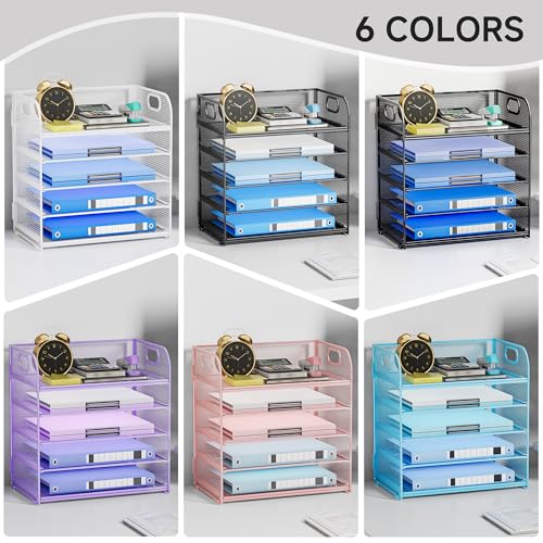 5-Tier Stackable Paper Organizer with Handle, White Metal Mesh Desk Organizer Letter Tray | Office Storage & Organization for Home, School & Workplace - color: White, size: 12.6" x 9.1" x 13.4"