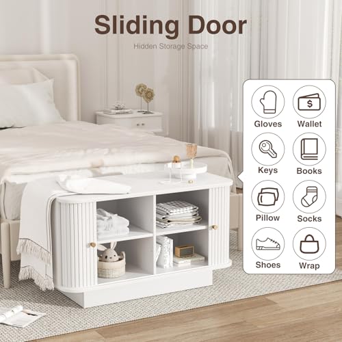 AKMAKM Fluted Shoe Storage Bench, 63" W Long Entryway Bench with Sliding Door, Mud Room Benches with Seat, Upholstered Wooden Rack Organization for Living Room, Apartment, Dorm, Oak, Natural2PCS - color: White, size: 31 W * 2