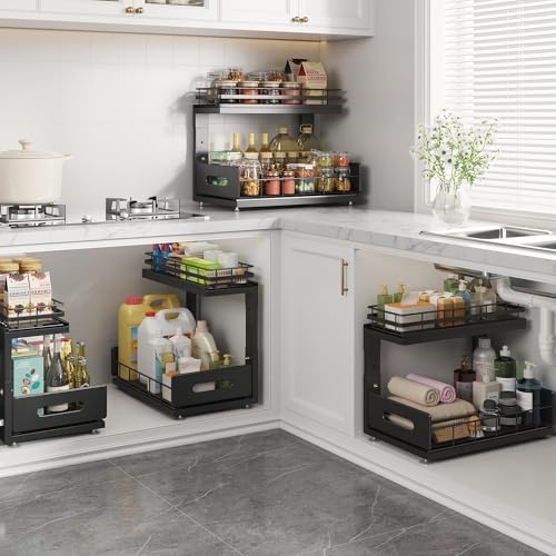Under Sink Organizer Upgrade To Professional Rails,2-Tier Dual Pull Out Cabinet Storage,Height Adjustable Slide Out Drawers For Bathroom Kitchen,2 Pack-14.5"Dx12.8"-16.9"H,Black - color: Black, size: 2 Pack-14.5"Dx12.8"-16.9"H