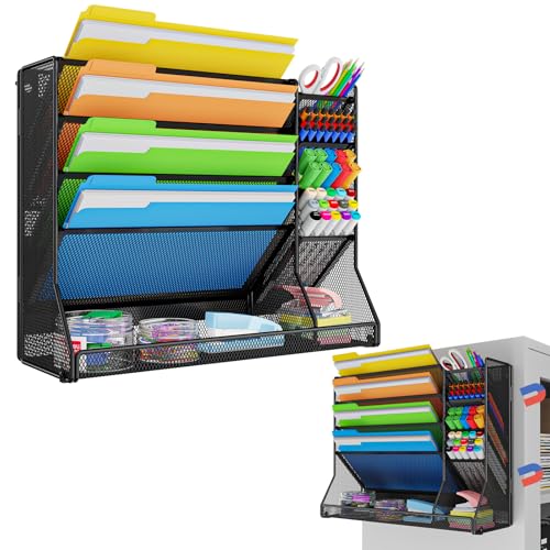 Magnetic File Organizer 5-Tier, No Drilling Installation, Office Magnetic Paper Holder with R-shaped Tray, Wall Hanging File Organizer, Mail Organizer for Refrigerator & Whiteboard & File Cabinet - size: 5-Tire & Magnetic