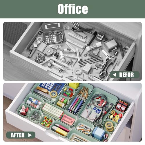 28 pcs Desk Drawer Organizer Tray, Multiple Sizes Plastic Drawer Organizer Storage, Stackable Organizer Containers For Makeup, Bedroom, Kitchen Gadgets Utensils and Office - color: Green, size: 28pcs