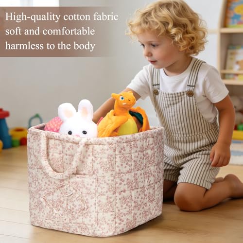 Quilted Fabric Basket Foldable Car Storage Boho Floral Laundry Basket Hamper for Nursery Bedroom & Living Room | Organize Clothes Toys - color: Dark Pink