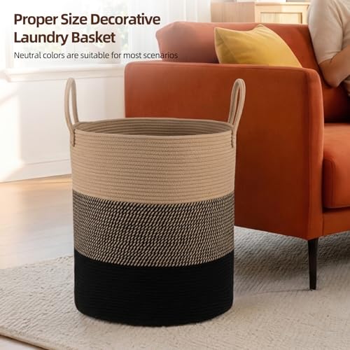 OIAHOMY Large Laundry Basket Hamper - 60L Cotton Rope Woven Basket for Blankets, Toys, Clothes - Tall Decorative Nursery Hamper with Long Handles, Yellow/Black - color: Yellow/Black, size: 60L