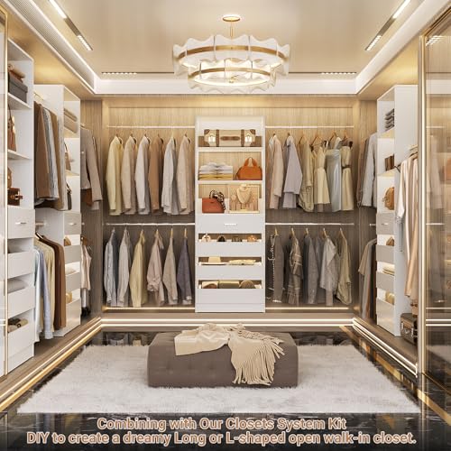 Aheaplus Closet System, 4-9Ft Closet Organizer with 4 Wooden Drawers, Wood Closet Organizer System with Tower, Walk-in Closet Organizer Wardrobe Clothes Rack with 4 Hanging Rods, Garment Rack, White - color: White