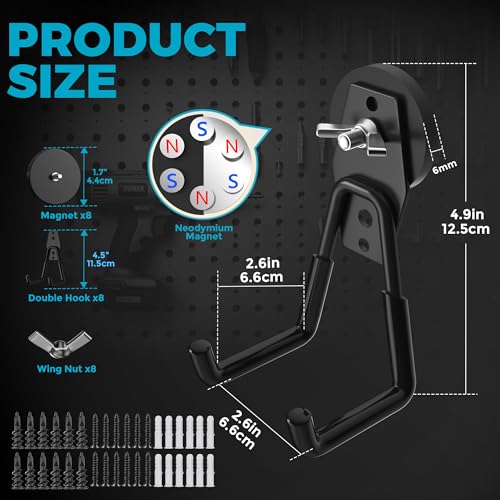 8Pcs Large Strong Magnetic Hooks Heavy Duty Garage Big Magnet Hooks Extra Strength Magnetic Utility Storage Hook Hanger with Anti Slip Coating for Garden Indoor Outdoor Hanging Tools Black - color: 8 Pcs-Black