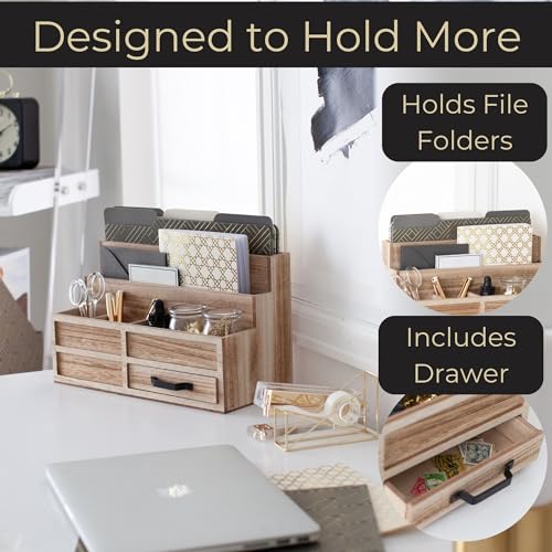 BLU MONACO | Natural Wood Mail Organizer with Drawer & Pen Holder | Rustic Desk Organizer for Bills, Letters & Countertop Storage | Wooden Desktop Mail Sorter for Home & Kitchen - color: Natural Wood
