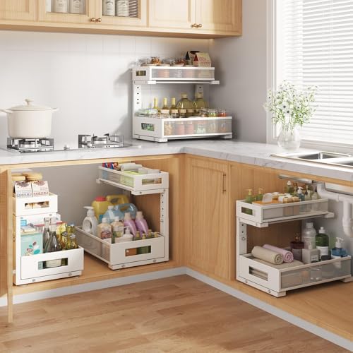 2-Pack Under Sink Storage Organizer, Large 2-Tier Elegant Mesh Pull Out Shelf for Kitchen and Bathroom Cabinet Organization, L-Shaped and Adjustable Height Design for Maximum Space Efficiency-White - color: White, size: 2 Pack-15.74"Dx11.4"-16.14"H