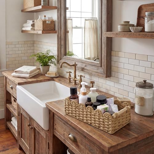 StorageWorks Toilet Paper Basket 2 Pack, Back of Toilet Basket with Wooden Handles, Small Wicker Decorative Scalloped Baskets for Organizing, Bathroom Storage, Brown Rope Baskets - color: Paper Rope(Brown), size: 14" L × 6¼" W × 4" H