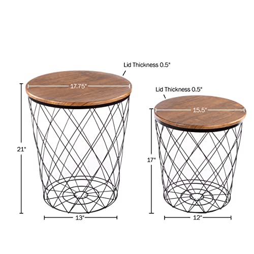 End Tables Set of 2 - Nesting Tables with Removable Wood Tops and Metal Basket Bases for Blanket Storage - Round Side Furniture for Living Room, Bedroom, or Home Office by Lavish Home (Brown) - color: Black Diamond