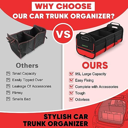 Simniam Large Trunk Organizer for Car, Foldable Multi Compartment Car Trunk Organizer with 2 Retractable Straps, Suitable for All Kinds of Cars, SUV, Minivan - 4 Compartments Red - color: Red, size: Medium