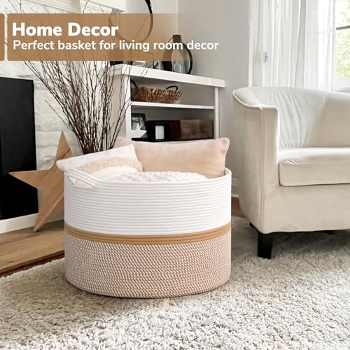 CHICVITA XXL Extra Large Blanket Basket, Cotton Rope Storage Basket for Organizing, Home Decor Woven Basket for Laundry Baby Nursery Decorative Toy Bin, White and Brown, 22" x 22" x 14" - color: White and Brown