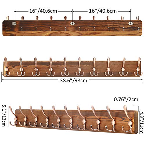 SKOLOO Coat Rack Wall Mounted - 38.6" Long, Wooden, Heavy Duty, Rustic Coat Hooks for Wall, Coat Rack with 10 Triple Hooks for Hanging Clothes, Jacket, Hat(Brown & Retro Red) - color: Brown Plate & Antique Hook, size: 1 Item-10 Hooks