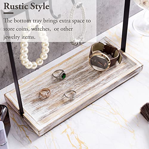 MyGift Black Metal Entryway Key Holder with 5 Hooks and Shabby Whitewashed Wood Base, Tabletop Necklace and Jewelry Organizer Rack with Ring Tray - color: Whitewashed