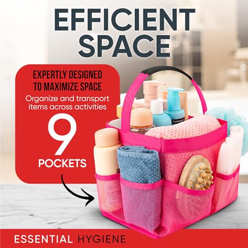 Masirs Shower Caddy Mesh - 9 Pocket Portable Bathroom Organizer Tote for Travel, Gym & Dorm - Collapsible Small Shower Caddy Bag to Hold Toiletries & Essentials (Pink) - color: Pink