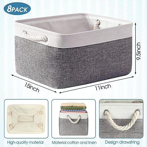 meekoo 8 Pack Collapsible Storage Bins Fabric Storage Bins Polyester Fabric Baskets with Handles Linen Closet Organizer for Shelf Home Closet Towels Toys(15 x 11 x 9.5 in,Gray White) - color: Gray White, size: 15 x 11 x 9.5 In