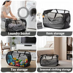2 Pcs Mesh Popup Laundry Hampers, Opening Laundry Basket with Durable Handles, Breathable Dirty Clothes Hamper, Foldable Pop-up Mesh Hamper with a Small Side Pocket for Home, Laundring Room, Travel