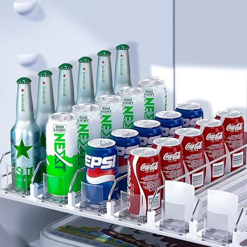 Drink Organizer for Fridge, Soda Can Organizer Dispenser for Refrigerator with Automatic Pusher Glide, Width Adjustable Clear Dividers Can Holder for 30 Cans, 15''D x19''W, 6 Rows - color: 6 Rows