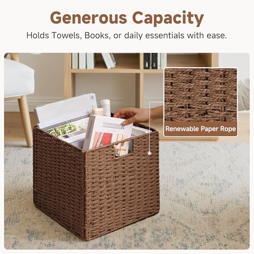StorageWorks 13 inch Wicker Storage Baskets, Handwoven Wicker Basket for Organizing, Foldable Paper Rope Square Storage Cubes, Brown, 2 Pack - color: Brown, size: 13"L x 13"W x 13"H