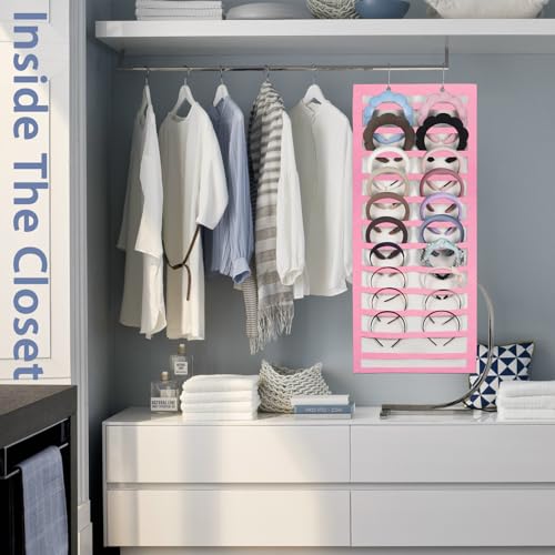 Artilife Hanging Headband Holder for Over the Door and Closet, 24 Slots Felt Head Band Organizer Shelf - color: Pink