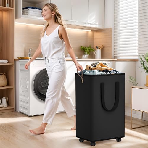 SpaceTrove Laundry Basket with Wheels, Collapsible Laundry Baskets, Laundry Hamper with Handles Detachable Wheels, Rolling Laundry Basket, Dirty Clothes Hamper for Bathroom, Dorm, Bedroom, Black, 100L - color: Black, size: 100L