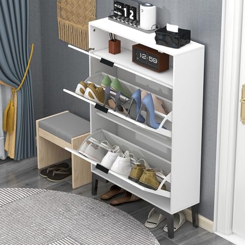 TaoHFE Wooden White Hidden Shoe Cabinet Entryway Shoe Storage Cabinet Narrow Shoe Cabinet Free Standing Shoe Rack Organizer for Closet Shoe Drawer Storage 3 Tier Rack for Front Door Entrance - color: White
