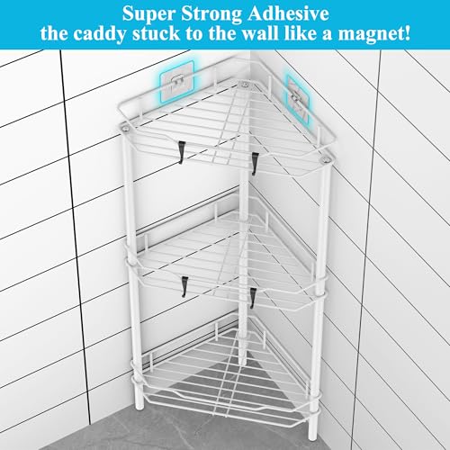 HuggieGems 3 Tier Floor Standing Corner Shower Caddy Organizer Shelf with Hooks, Bathroom Shelves Stand Rack, White - color: White, size: 3 Tier
