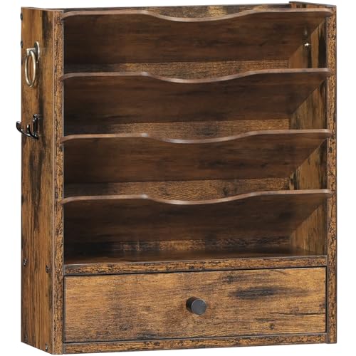 HOOBRO Wall File Organizer, Mail Organizer Wall Mounted, Wooden Literature Organizer, Construction Paper Organizer with Drawer Storage and 2 Hooks, for Office, Classroom, Home, Rustic Brown FG14WF01 - color: Rustic Brown
