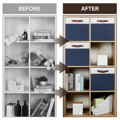 Temary Cube Storage Bins 4Pack Foldable Cube Baskets for Clothes Shelf Storage Basket with Handles, Storage Box Fabric Storage Organizer Bins for Home (White&Blue, 13x15x13 Inch) - color: White&Blue, size: 13x15x13