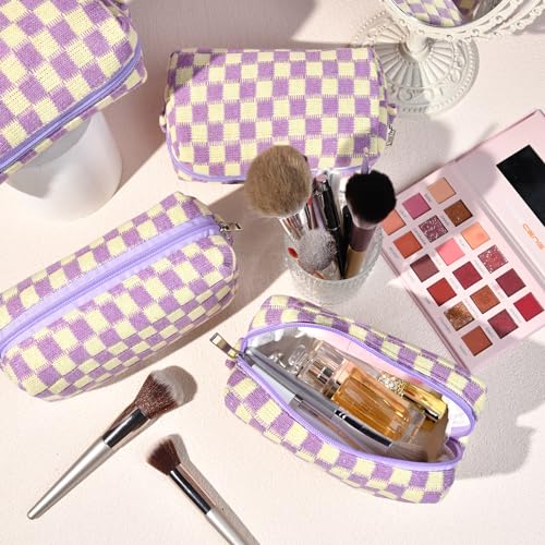 SOIDRAM Checkered Makeup Bag Preppy Cosmetic Bag Bulk Purple Makeup Pouch Personalize Travel Toiletry Bag Organizer Cute DIY Makeup Brushes Storage Bag for Women - color: Purple, size: 6 Pack
