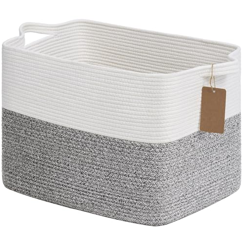 Goodpick Woven Storage Basket, Cotton Rope Baskets with Handles, Toy Baskets Storage Kids, Blanket Basket for Living Room, Bedroom, Gray and White, 18 x 14 x 12 Inches - color: Light Grey, size: 18"L x 14"W x 12"H