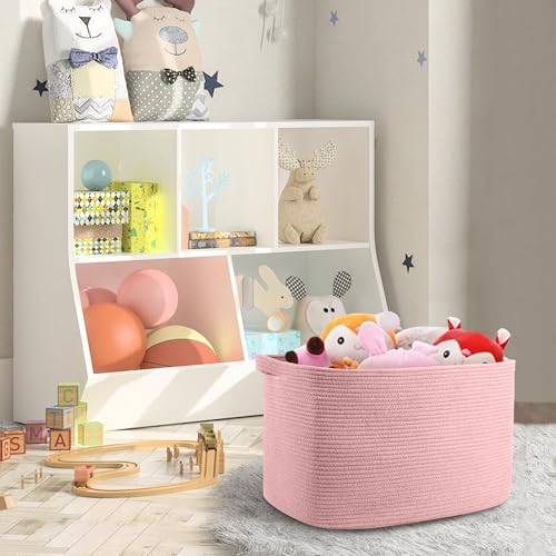 MEGASKET Extra Large Pink Storage Basket, 23.6" x 17" x 12" Rectangle Blanket Basket Living Room, Woven Cotton Rope Basket, Toy Basket Bins, Pink Baskets for Decor, Wicker Baby Laundry Basket - color: Pink, size: 23.6"x17"x12