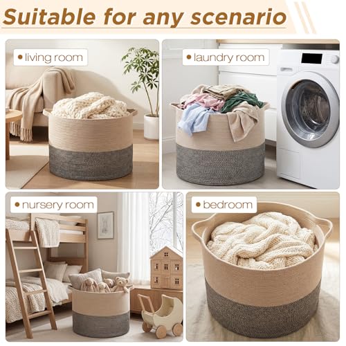 XXXXL 125L Extra Large Blanket Basket, 23.6" x 16.9" Jumbo Woven Cotton Rope Storage Basket with Handles, Laundry Hamper, Toy Storage for Living & Play Room(Black & Jute) - color: Black & Jute