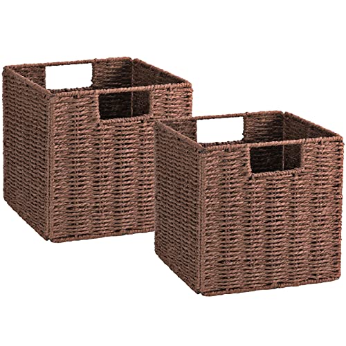 Vagusicc Wicker Storage Basket, Set of 2 Hand-Woven Storage Baskets for Shelves with Handles, Foldable Cube Storage Baskets Bins Organizer, 13 inch Large Wicker Baskets for Pantry Bedroom Decor, Brown - color: Brown, size: 13'' x 13'' x 13''