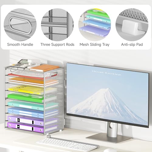 Cawukege 9 Tier Paper Organizer with Handle, Large Capacity Desk Organizer Mesh File Folder Letter Paper Tray Desktop Document Sorter for Classroom, School, and Office Accessories Organization- Silver - color: 1 Pack - Sliver