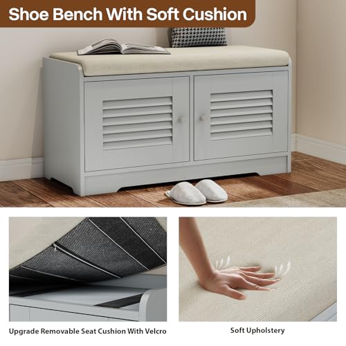 2 Tier Storage Bench with Cushion,31.5" Entryway Bench with Shoe Storage,Shoe Storage Cabinet with Adjustable Shelves,2 Door Cabinet with Hidde for Hallway,Bedroom,Living Room,Grey