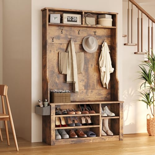 Aiho Entryway Hall Tree with Bench and Storage, 3-in-1 Hall Tree with Coat Rack, Adjustable Shoe Bench, 2-Tier top Storage, for Hallway, Entryway, Bedroom, Rustic Brown - color: Brown