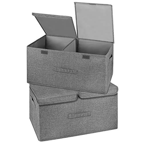 2 Pack Large Storage Boxes with Lids and Handles, Collapsible Linen Storage Bins Organizer Containers Baskets Cube with Removable Divider for Home Bedroom Closet Office (Grey, Large) - color: Grey, size: Large
