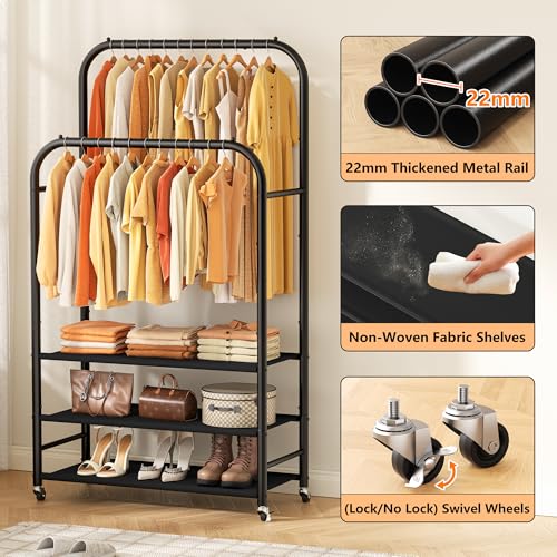 HOMIDEC Double Rods Clothes Rack Clothing Rack with 3 Tier Storage Shelves Clothes Rack for Hanging Clothes Multifunctional Clothes Organizer Bedroom,Wardrobe Closet,Shop,Black - color: Gloss Black
