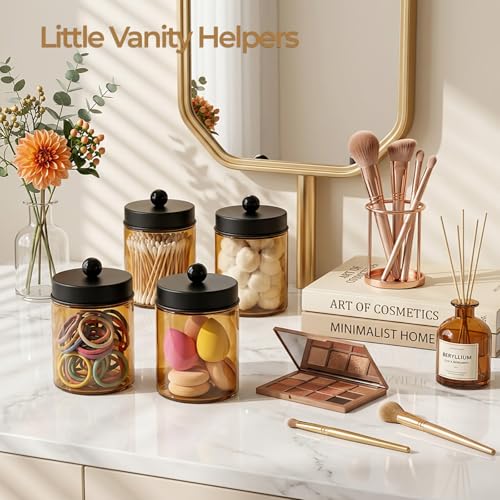 Amolliar 4 Pack Apothecary Jars Bathroom Vanity Storage Organizer Set -Countertop Canister with Stainless Steel Lids &Stickers Qtip Dispenser Holder for Cotton Swab (Amber-black Lid) - color: Amber-Black Lid P1