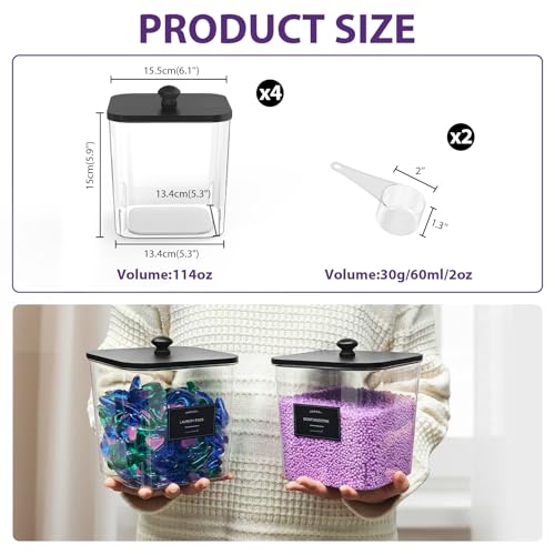 COAZEX 4 Pack Clear Laundry Pods Container, Plastic Square Laundry Room Organization and Storage Jars with Black Lids, Scoops & Labels for Detergent, Powder, Dryer Balls - color: 4 Pack