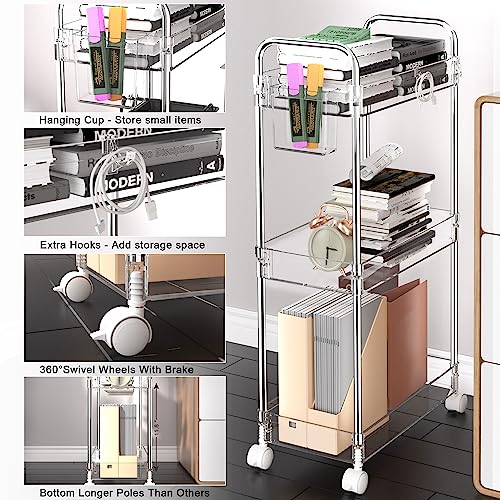 SPACEKEEPER 3 Tier Acrylic Storage Rolling Cart Clear Bathroom Cart Organizer, Transparency Laundry Room Organization Mobile Shelving Unit Multifunction Rolling Utility Cart for Office Living Room - size: 3 Tier