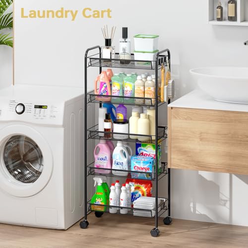 TOOLF 5-Tier Metal Utility Cart with 3 Hooks, Easy Assemble Mobile Storage Trolley On Wheels, Metal Shelving Units Kitchen Bathroom Laundry Room - color: Black, size: 5-Tier