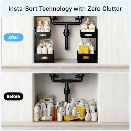 Under Sink Organizer, Adjustable Height 2 Tier Under Sink Organizers and Storage Multi-Purpose Under Sink Storage for Bathroom Kitchen - color: 1 Pack-Black-New
