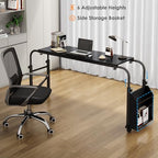 Arlopu Overbed Table with Wheels,60.6-84.2 inches Mobile Bed Desk,Rolling Computer Desk, Laptop Cart,W/0-65°Tilt Stand,4 Heights and 6 Lengths,Side Storage Basket,for Home,Office and Hospital (Black) - color: Black