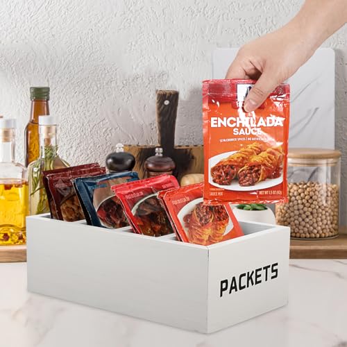 BSTKEY Seasoning Packet Organizer, Food Packet Storage Organizer with 4 Compartments, White Wooden Storage Caddy for Kitchen Pantry Cabinet, Farmhouse Kitchen Organization Bins for Snack Spice Packets - color: White