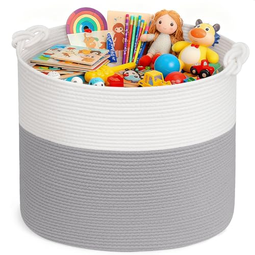 Goodpick 17"x16" Toy Storage for Kids, Home Décor Living Room, Baby Basket for Nursery Playroom, Soft Woven Cotton Rope Baskets for Blankets Pillows Clothes, Grey - color: Grey, size: 17 x 16 inches