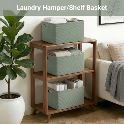 75L Green Cotton Rope Storage Basket, Large Rectangle Laundry Hamper with Handles, 22”x17”x12” Woven Blanket and Toy Basket for Living Room, Bedroom and Nursery - color: Green