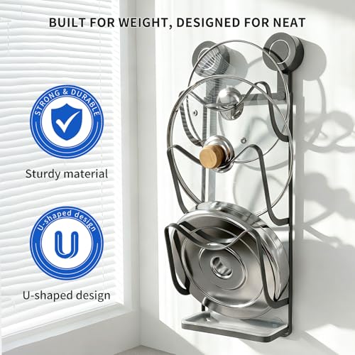 Pot Lid Organizer with Suction Cup and Drip Tray, 3 Tier Carbon Steel Kitchen Pot Lid Holder for Wall, Space Saving Lid Storage Rack for Pots and Pans